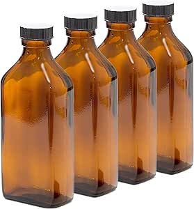 200ml Rectangular Amber Glass Bottles with Black Lids - Pack of 4