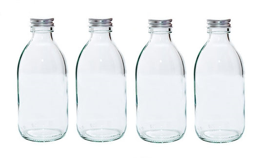 250ml Clear Glass Bottles with Silver Lids - Pack of 4