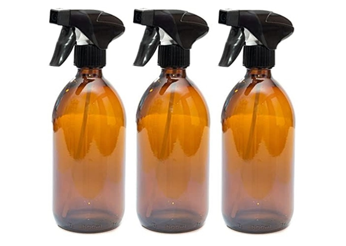 500ml Amber Glass Bottles with Black Trigger Sprays - Pack of 3